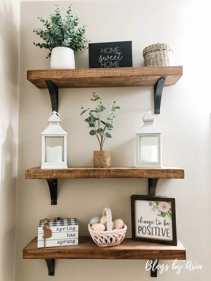 floating shelves decorated for Spring