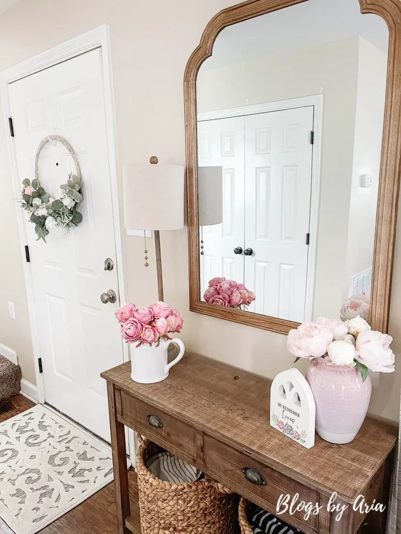 spring entryway table decorating