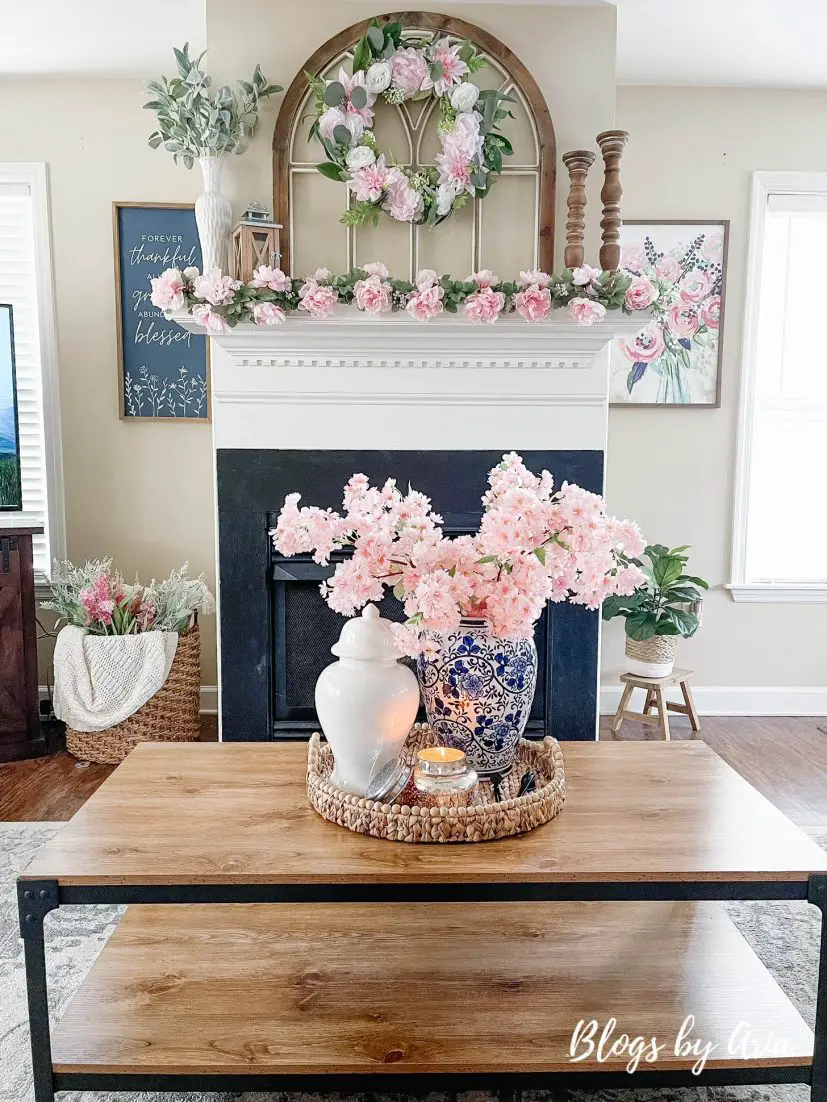 modern farmhouse spring mantle decorating