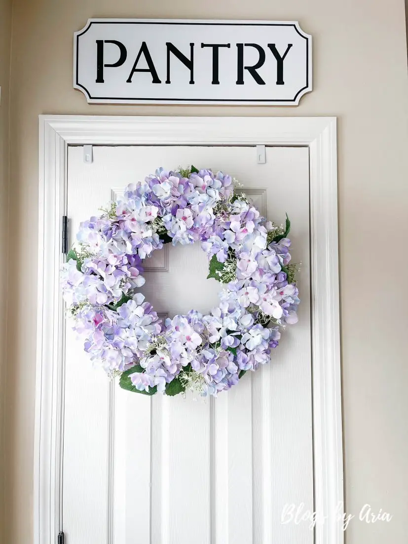 hydrangea wreath on pantry door
