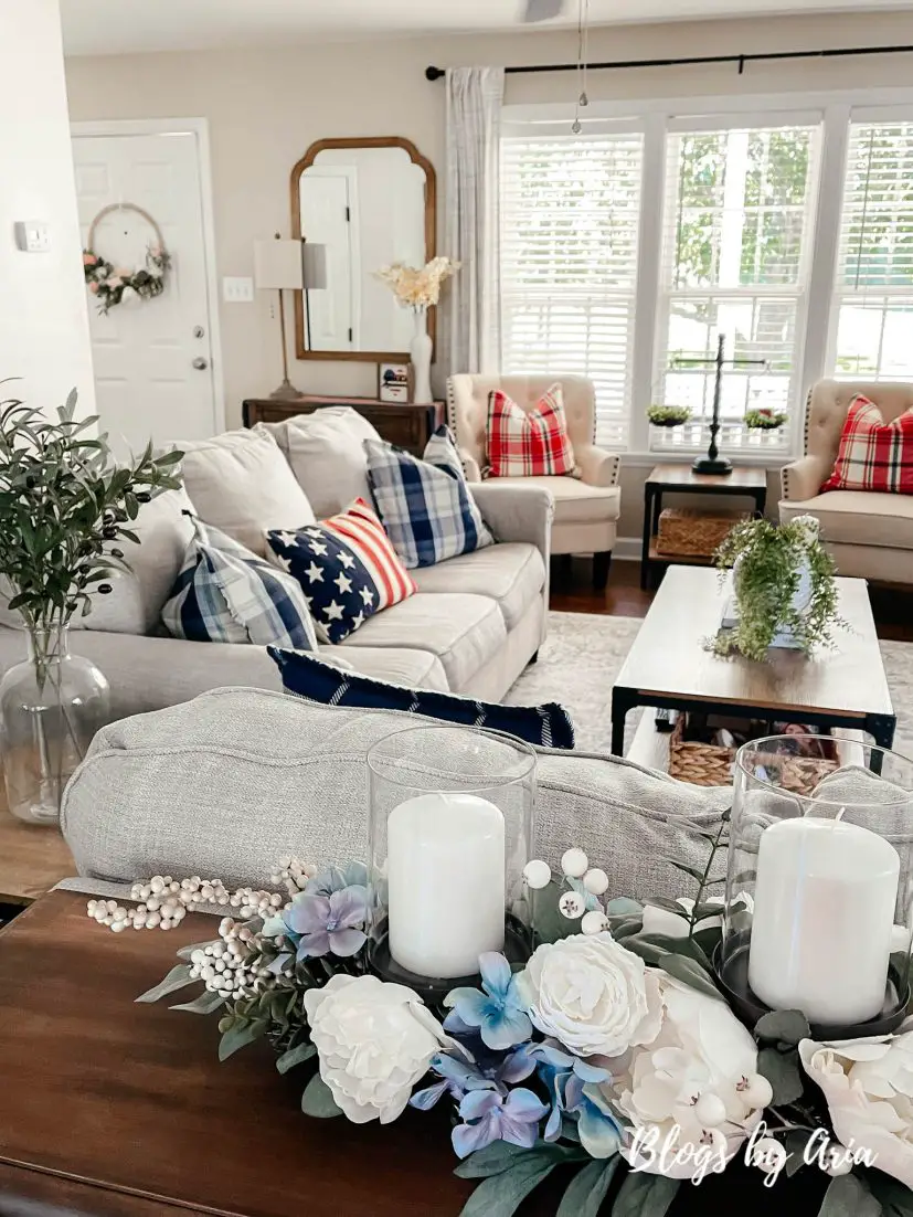 modern farmhouse patriotic home decor styled family room for the fourth of July 