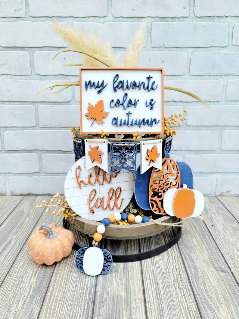 blue and orange hello fall tiered tray