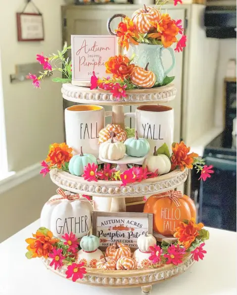 pink and teal fall tiered tray