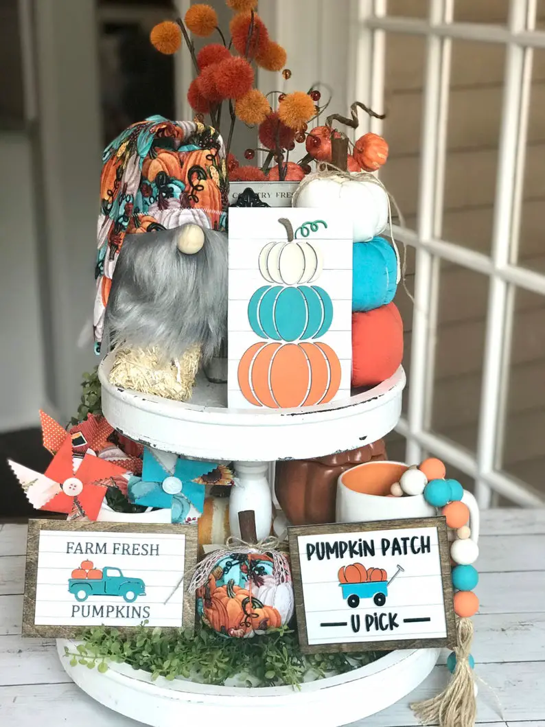 teal and orange fall tiered tray