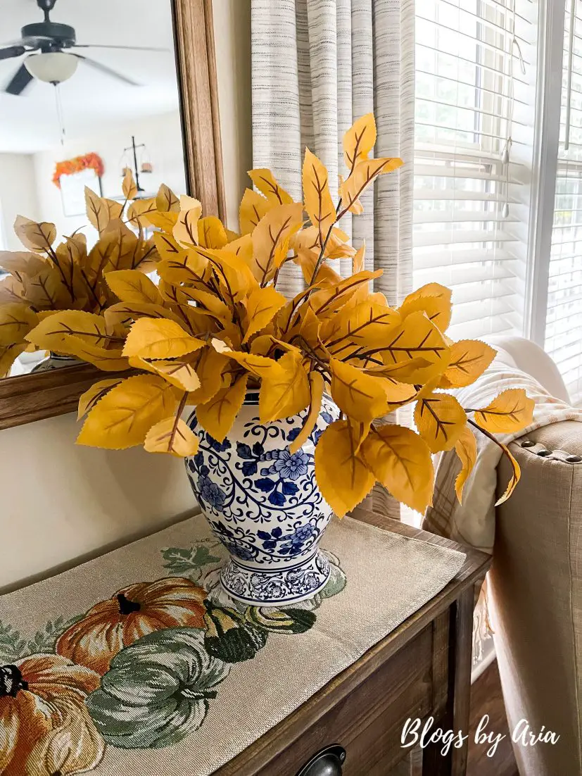 golden fall stems in blue and white ginger jar early fall decorating ideas