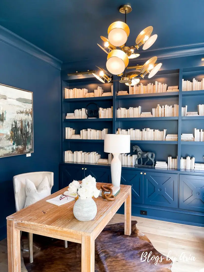 blue home office with painted built ins