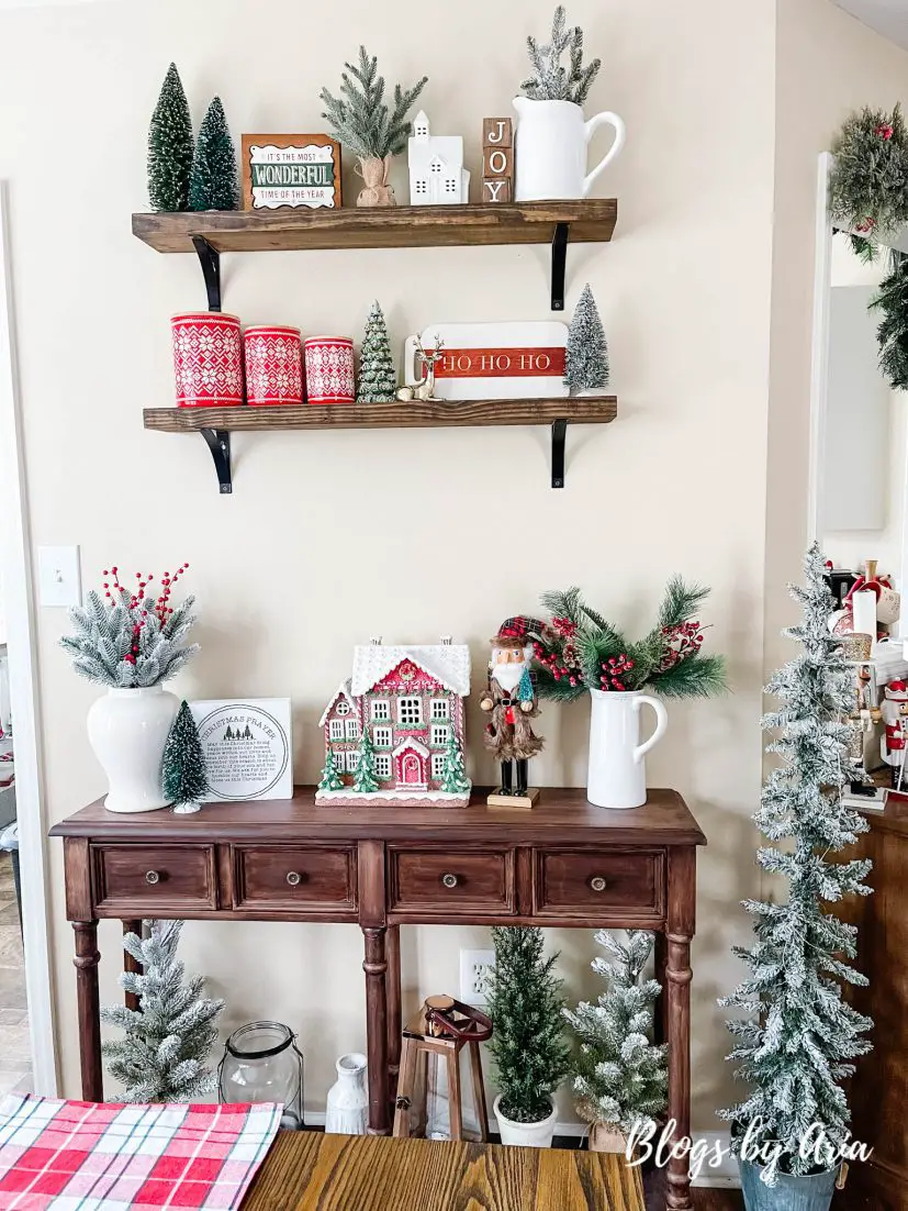 holiday dining room with floating shelves