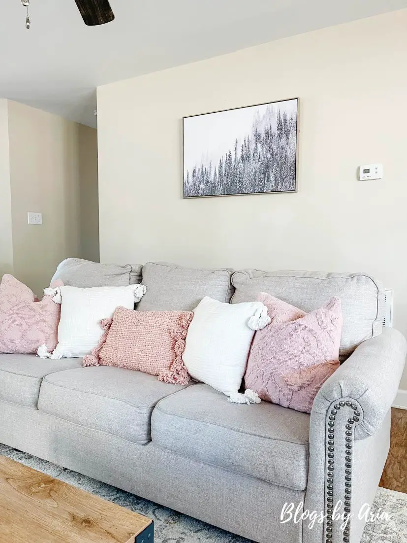 Spring living room decor with white and pink pillows