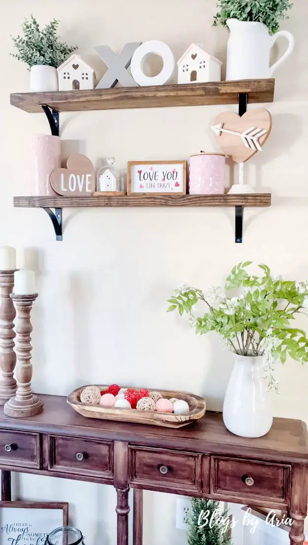 floating shelves with Valentines decor