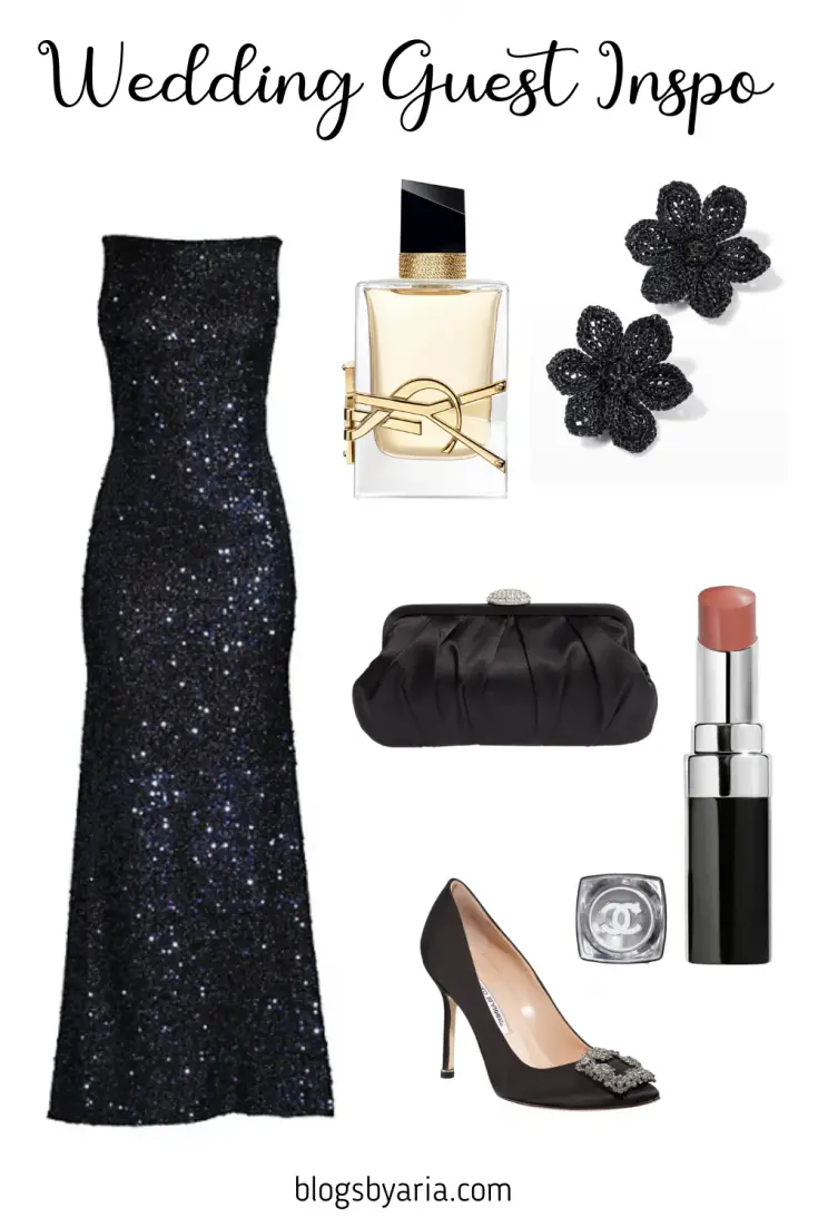 formal black tie wedding guest dress outfit inspo