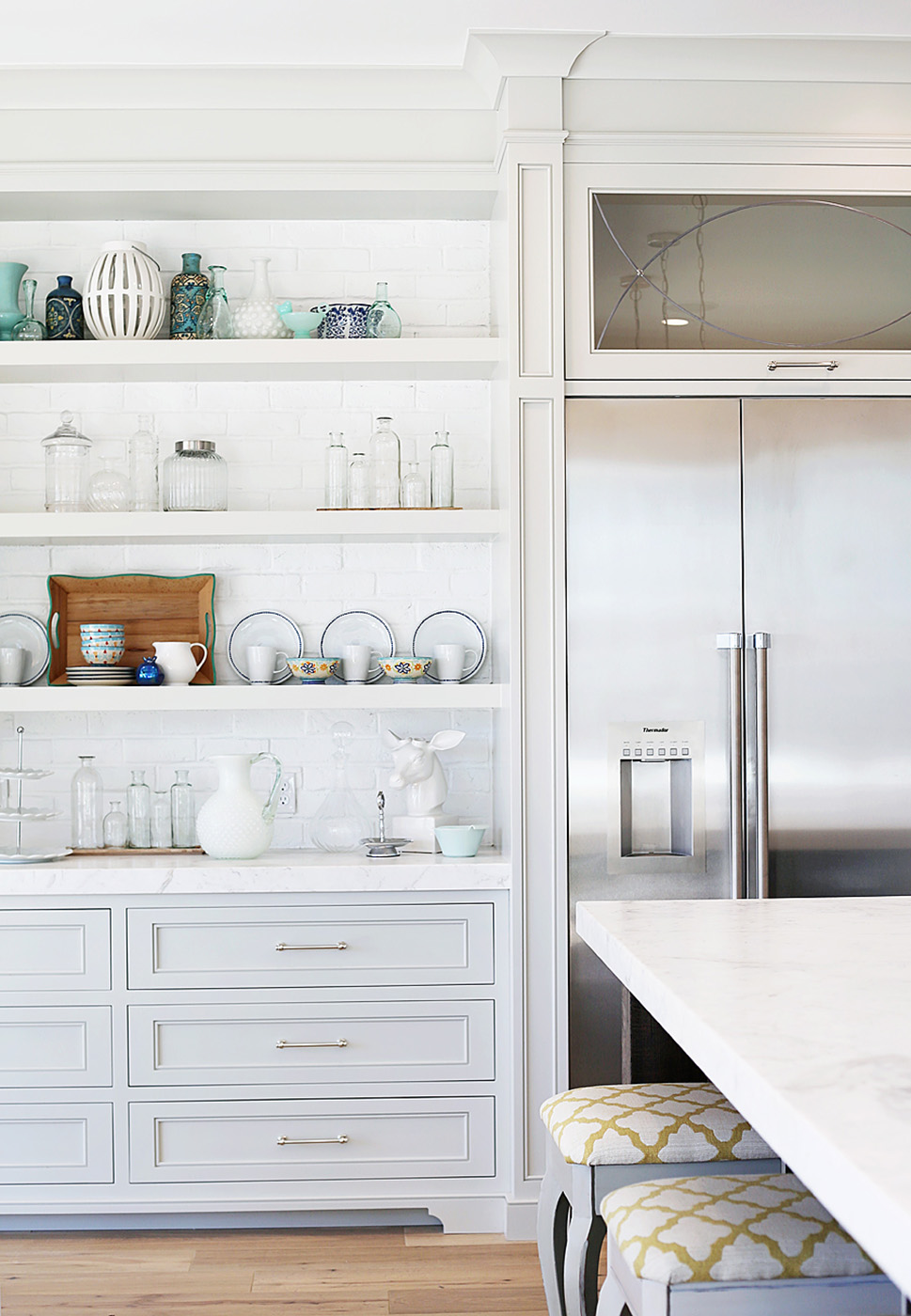 kitchen with open shelving buffet server