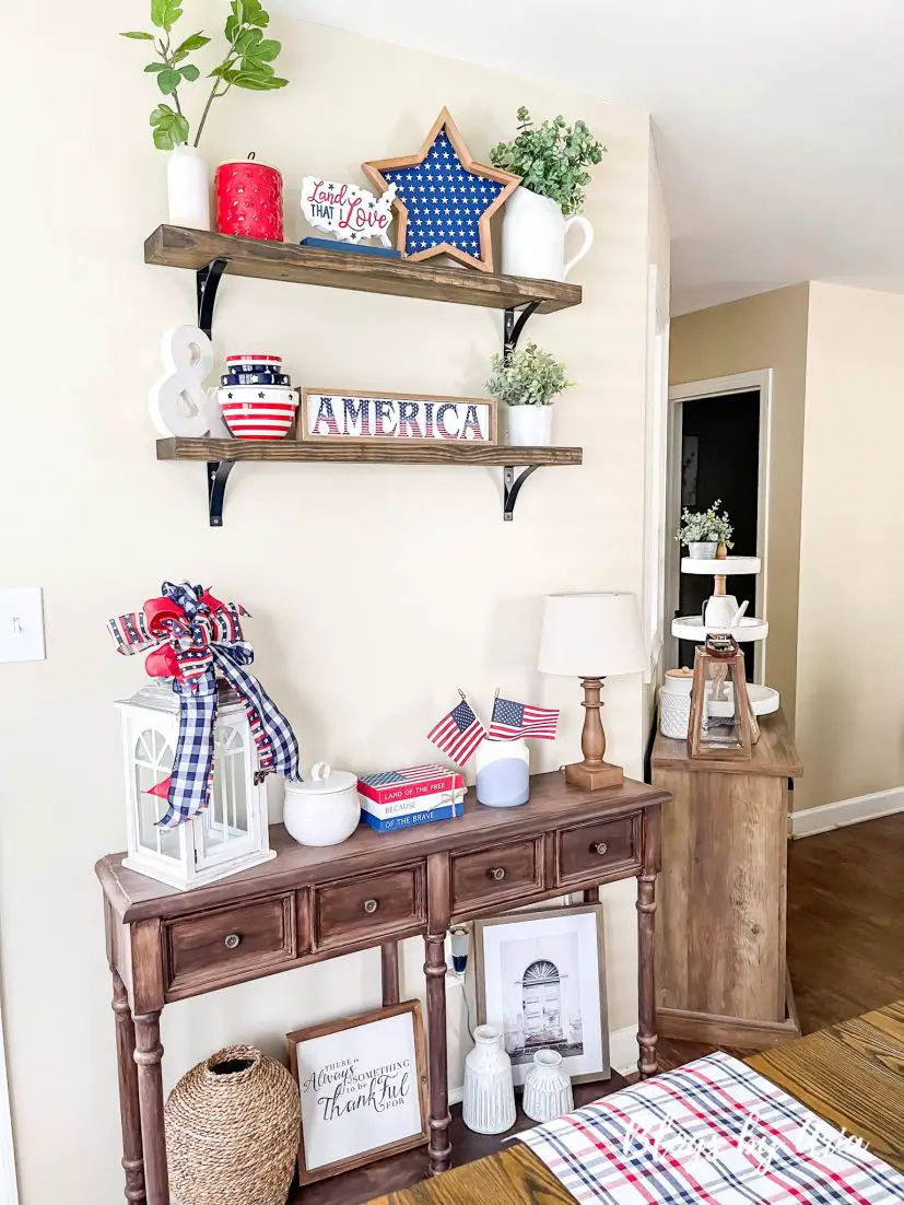 4th of July floating shelves patriotic console table dining room decor