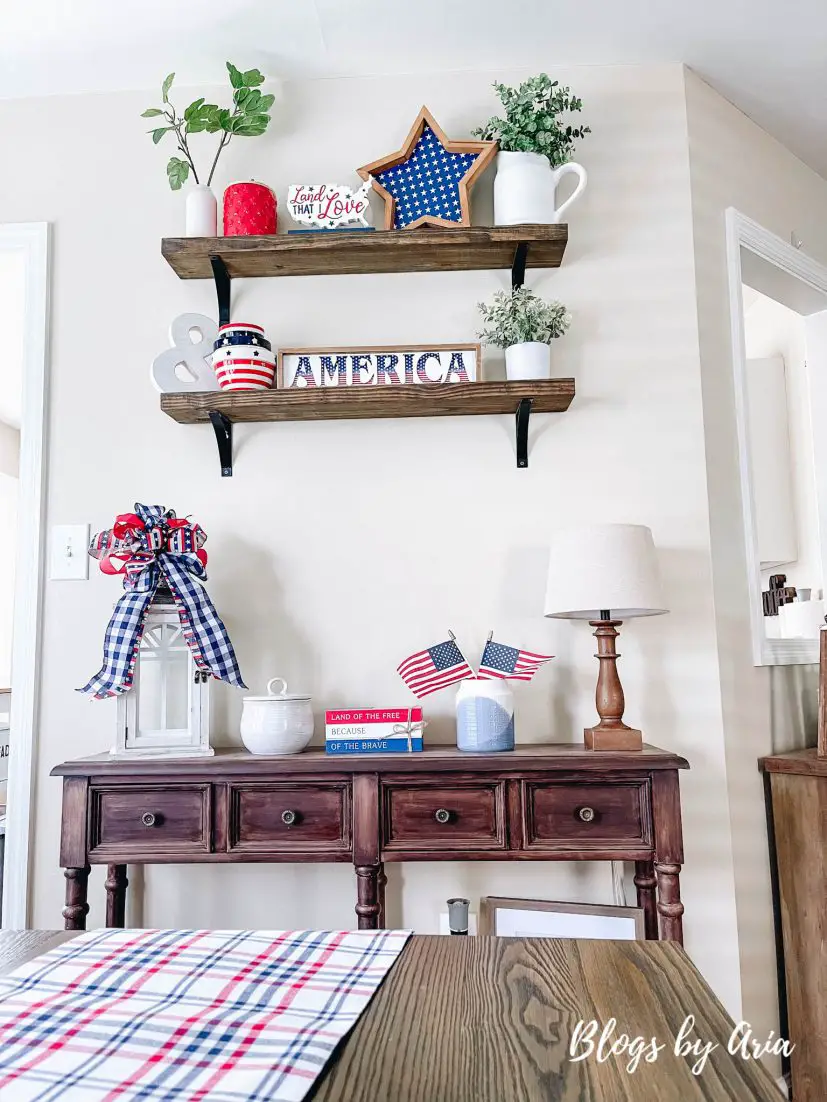 4th of July floating shelves patriotic console table dining room decor