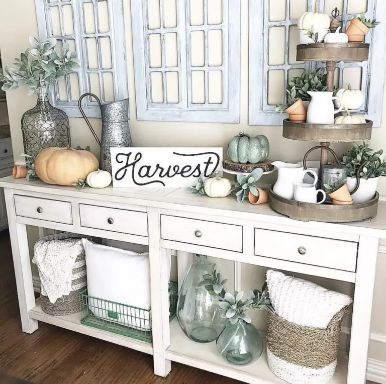 neutral fall farmhouse console table with tiered tray