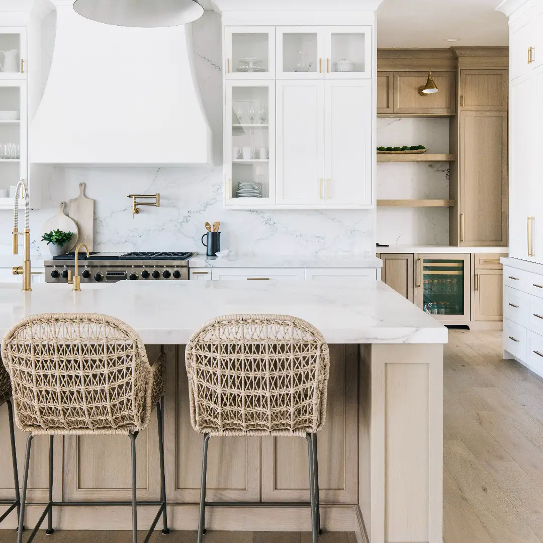 white kitchen with stained wood prep kitchen