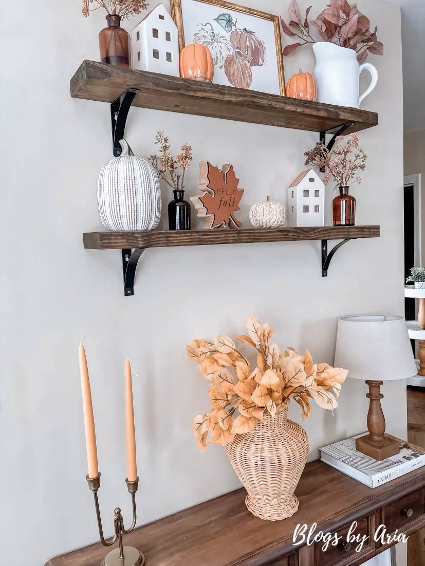 fall floating shelves, farmhouse decorating ideas for fall, how to style floating shelves