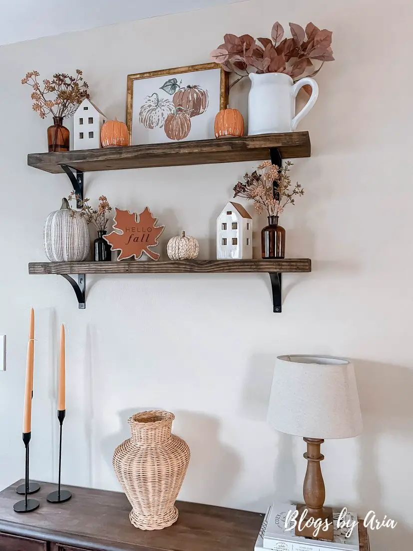 fall floating shelves, farmhouse decorating ideas for fall, how to style floating shelves