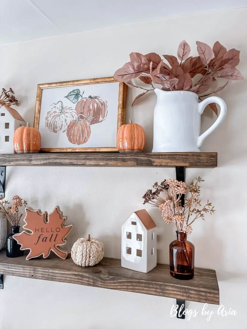 how to decorate floating shelves for fall. fall styled floating shelves. fall floating shelves decorating ideas