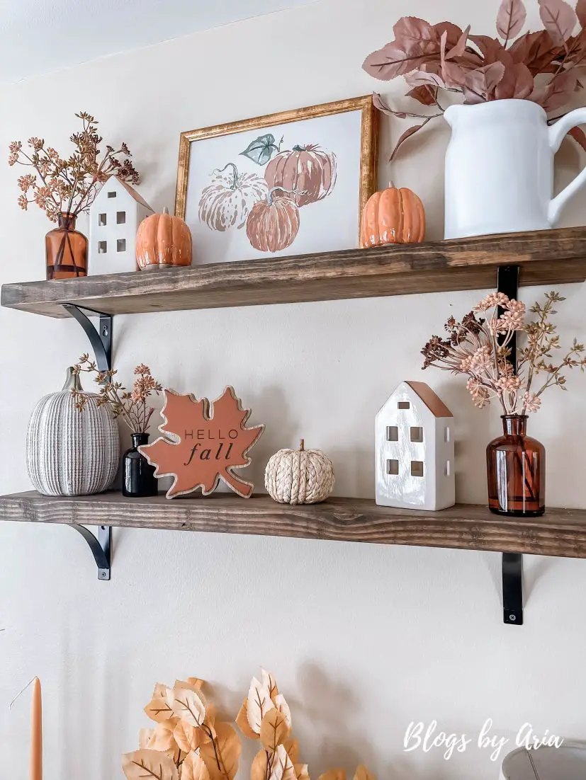 how to decorate floating shelves for fall. fall styled floating shelves. fall floating shelves decorating ideas