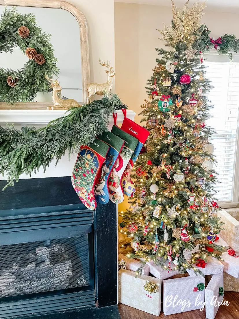 green and gold Christmas mantel