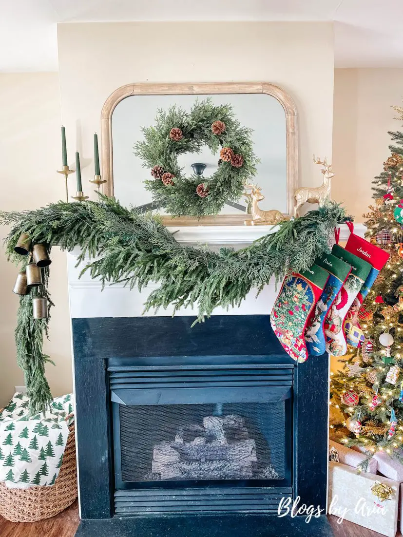 green and gold Christmas mantel decor