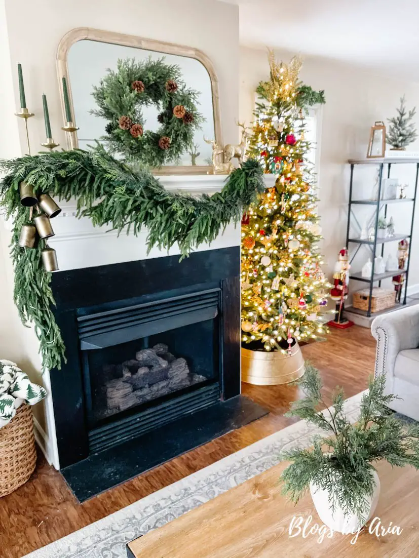 Christmas family room with slim Christmas tree for small space