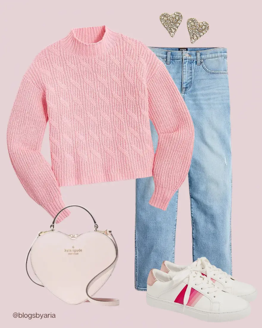 Valentine's Outfit Ideas with pink sweater and vintage jeans