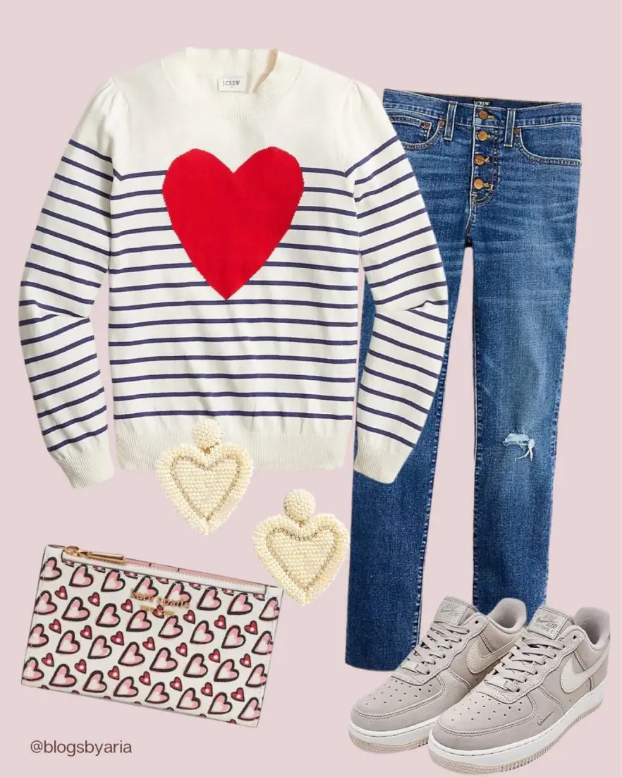 Valentine's Outfit Ideas with red heart striped sweater and skinny jeans