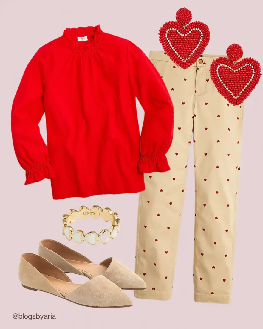 Valentine's Outfit Ideas with red shirt and red heart print pants