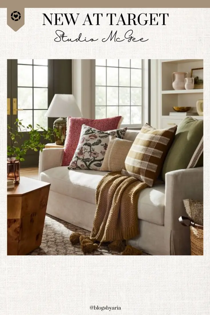 new at Target from Studio McGee fall living room decor with new fall pillows, throw blanket, coffee table
