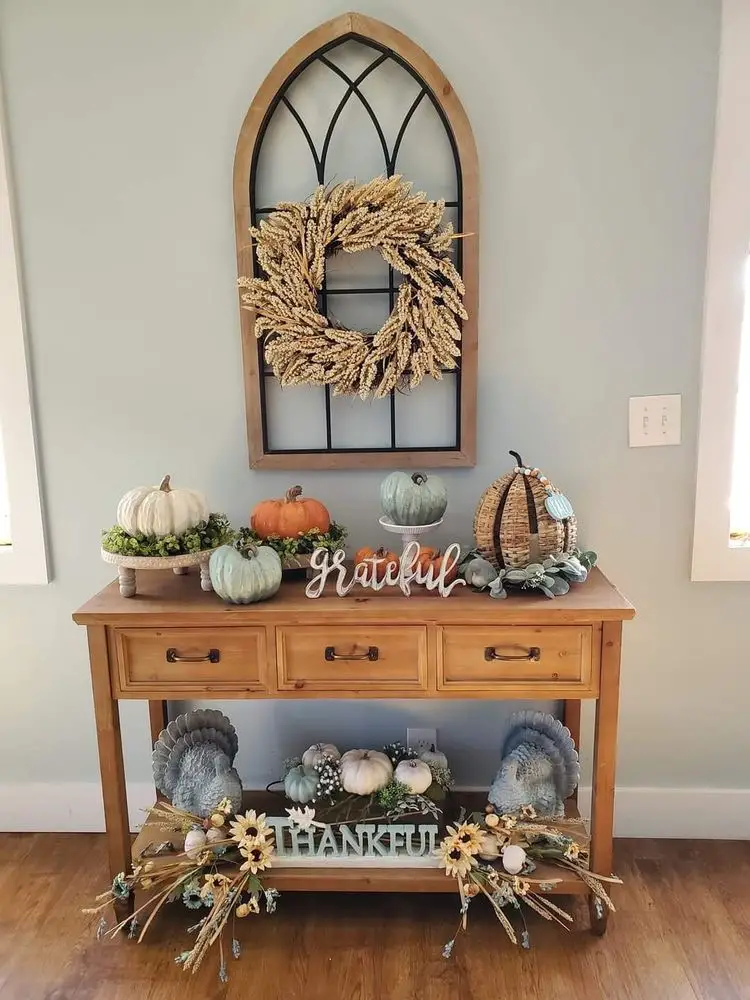 fall entryway decor, fall entryway table decorating, Harvest-themed entry decor