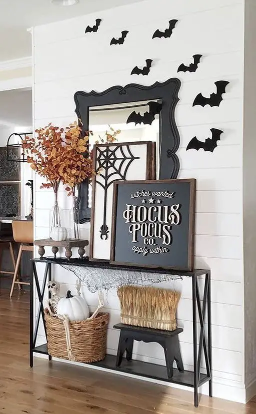 spooky season decor, halloween decorating idea for console table, hocus pocus sign