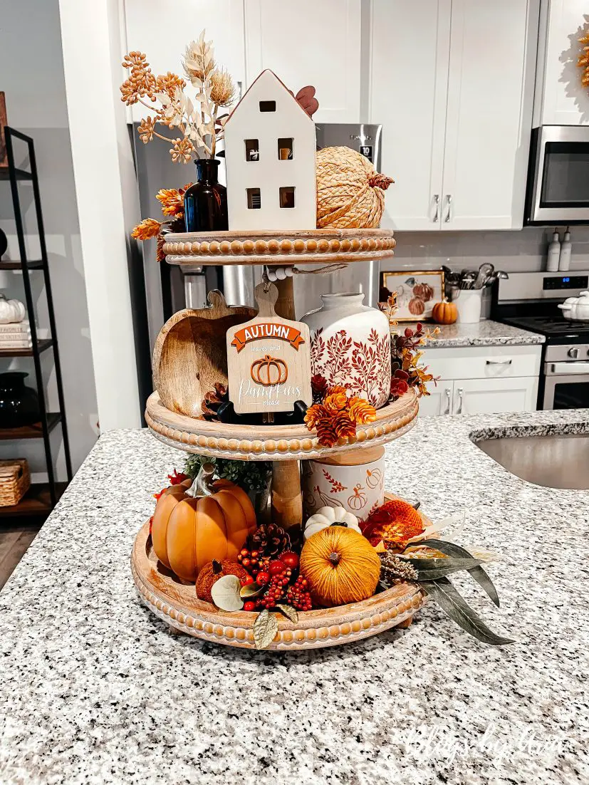 fall farmhouse three tiered tray styling, how to decorate a large three tiered tray for fall